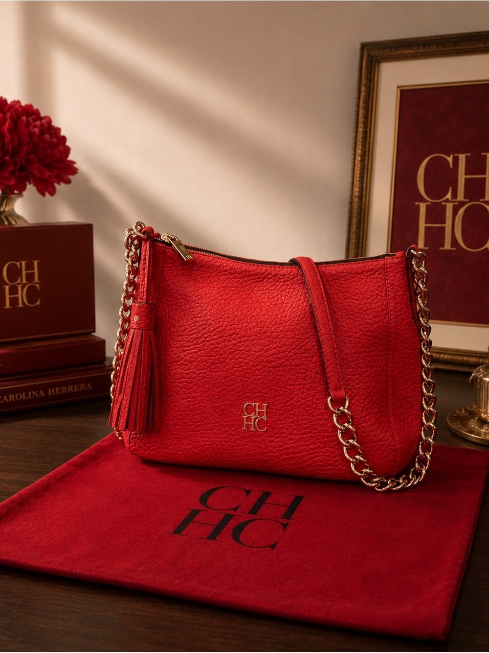 Carolina Herrera Vibrant Red Leather Shoulder Bag with Gold Chain